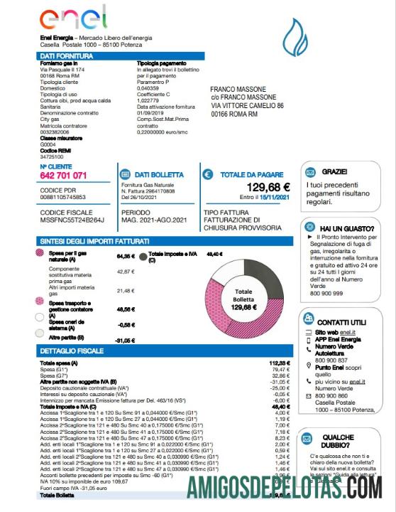 imprimível Modelo de conta de serviços públicos Enel Energia da Itália em formato Word e PDF